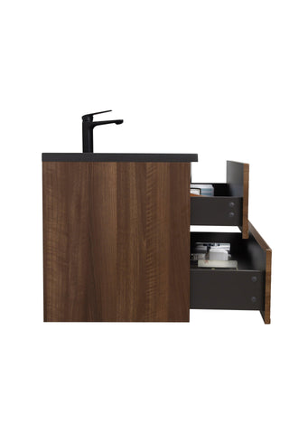 48" Walnut Wall Mount Single Sink Bathroom Vanity with Black Engineered Quartz Countertop