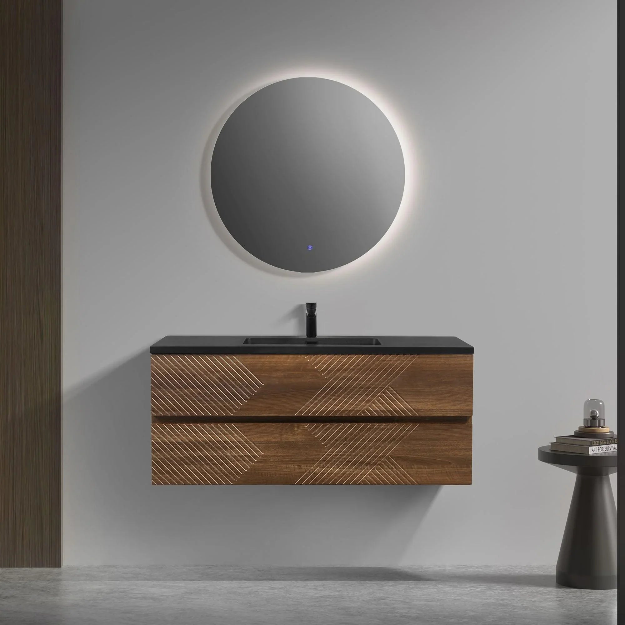 48" Walnut Wall Mount Single Sink Bathroom Vanity with Black Engineered Quartz Countertop