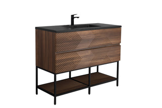 48" Walnut Wall Mount Single Sink Bathroom Vanity with Black Engineered Quartz Countertop