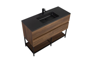 48" Walnut Wall Mount Single Sink Bathroom Vanity with Black Engineered Quartz Countertop