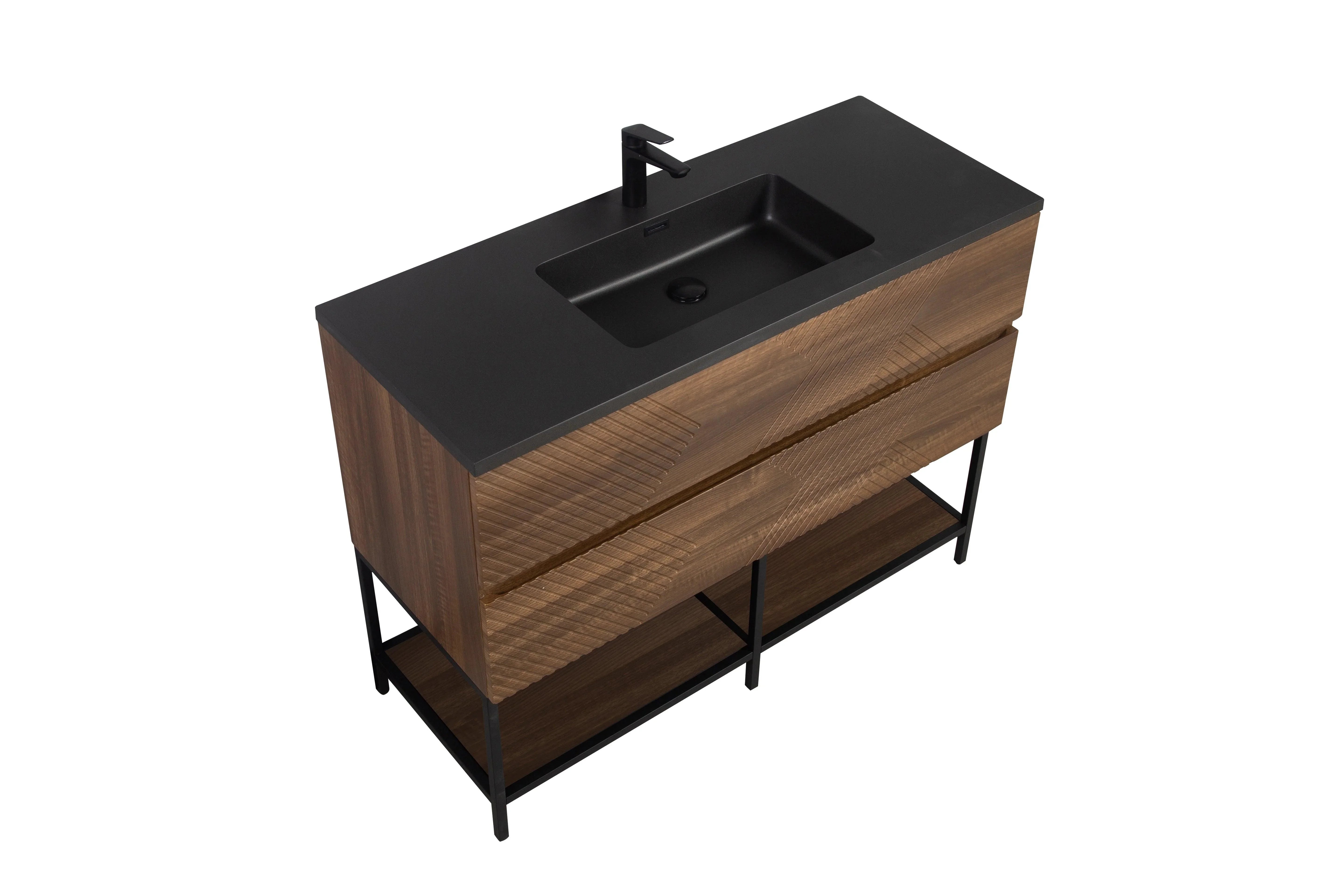 48" Walnut Wall Mount Single Sink Bathroom Vanity with Black Engineered Quartz Countertop