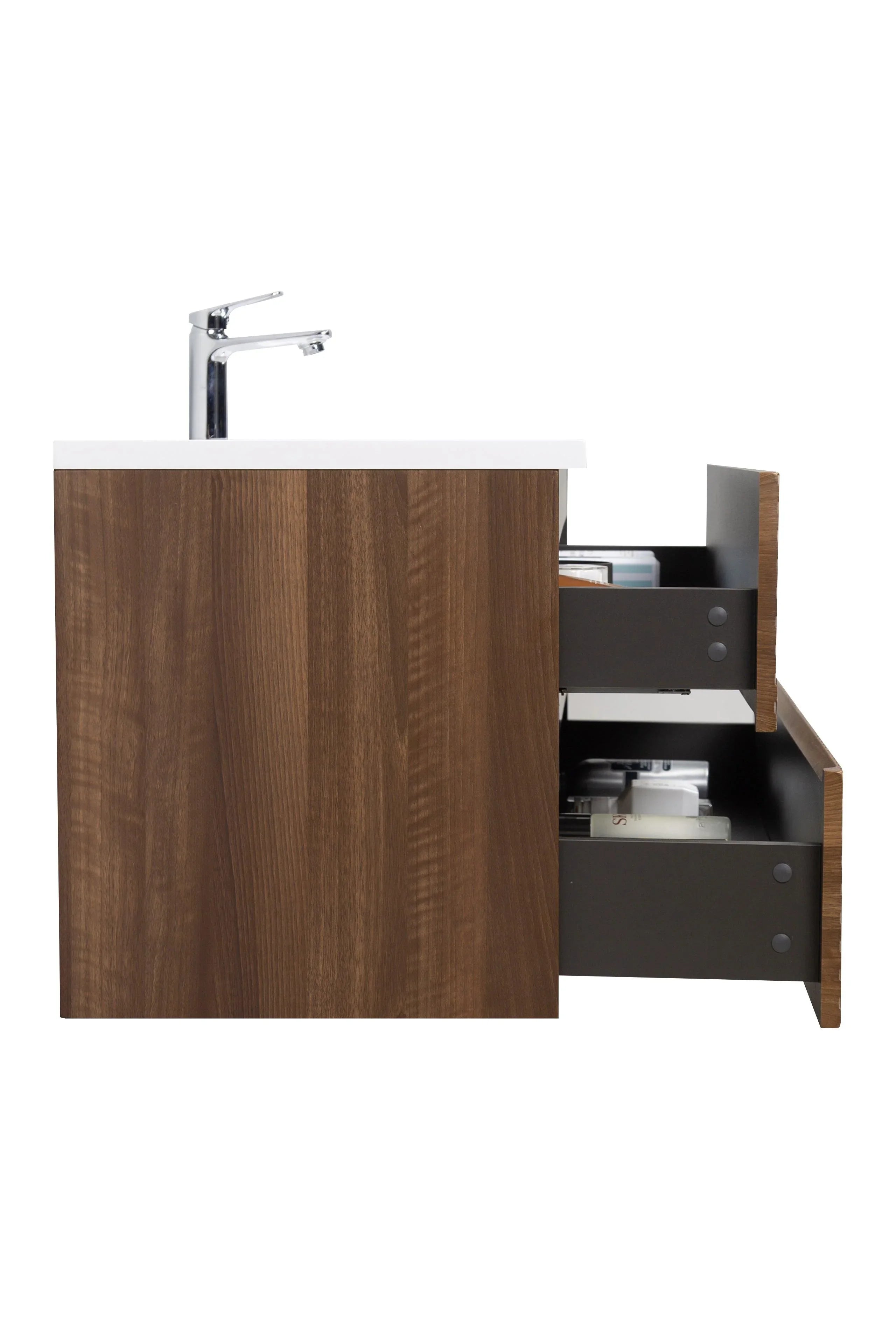 Meuble-Lavabo Mural 48po Noyer avec Comptoir de Polymarbre Blanc