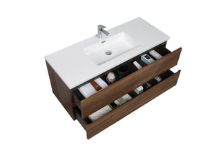 48" Walnut Wall Mount Single Sink Bathroom Vanity with White Polymarble Countertop