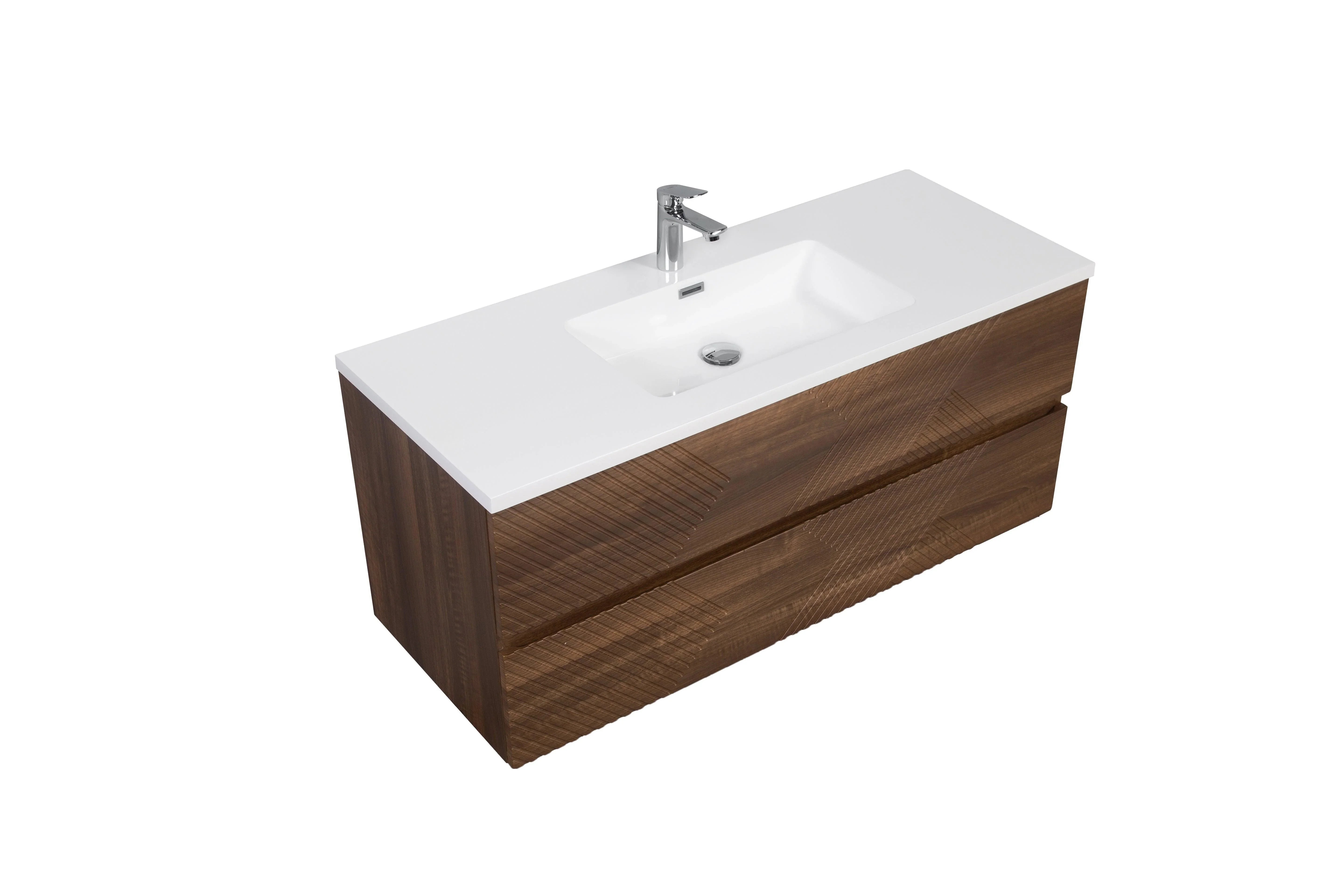 Meuble-Lavabo Mural 48po Noyer avec Comptoir de Polymarbre Blanc