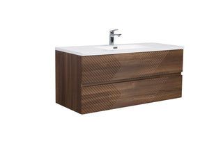 48" Walnut Wall Mount Single Sink Bathroom Vanity with White Polymarble Countertop
