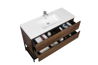 48" Walnut Wall Mount Single Sink Bathroom Vanity with White Polymarble Countertop