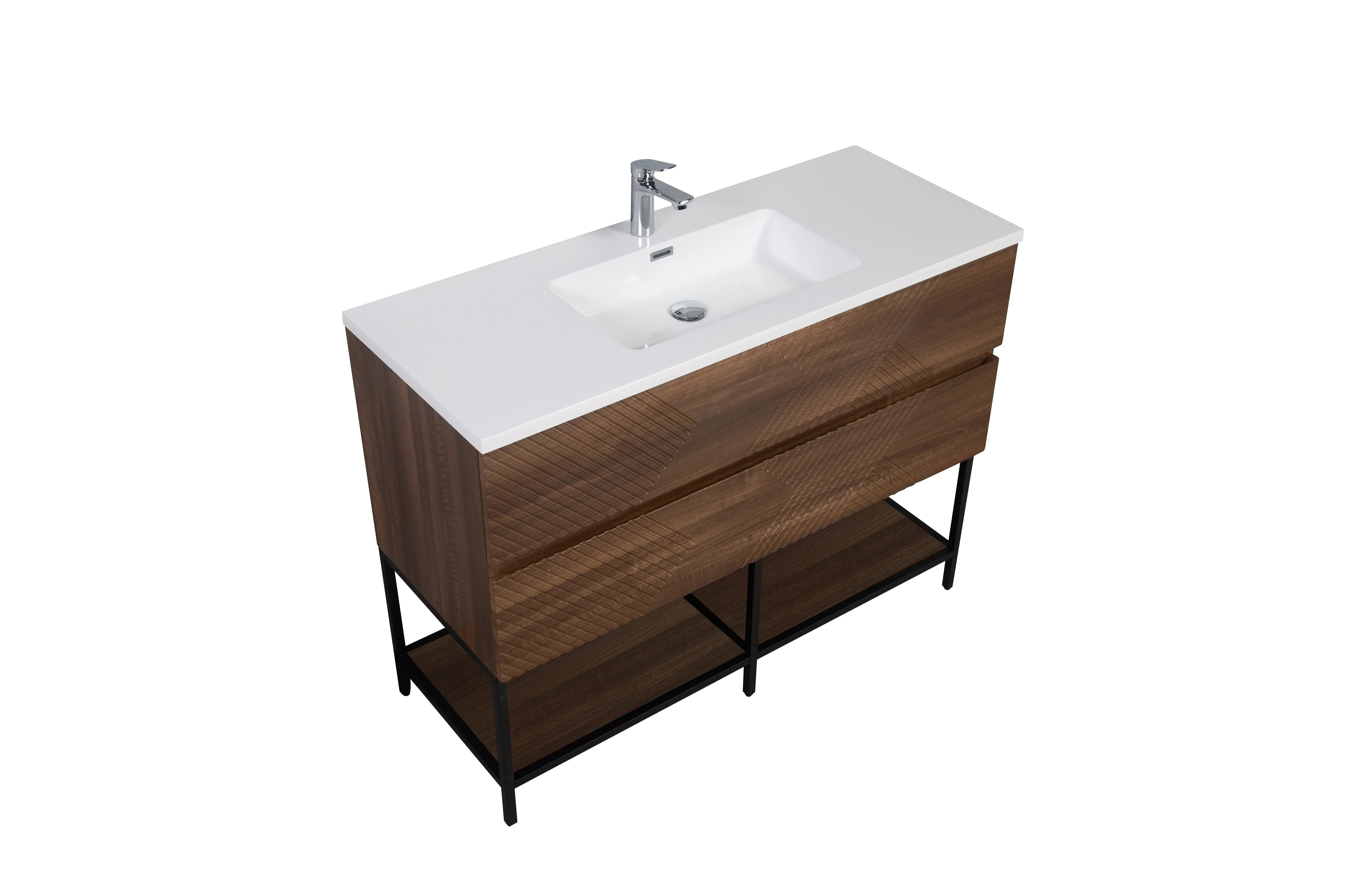 Meuble-Lavabo Mural 48po Noyer avec Comptoir de Polymarbre Blanc