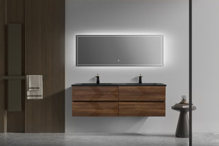 60" Walnut Wall Mount Double Sink Bathroom Vanity with Black Engineered Quartz Countertop