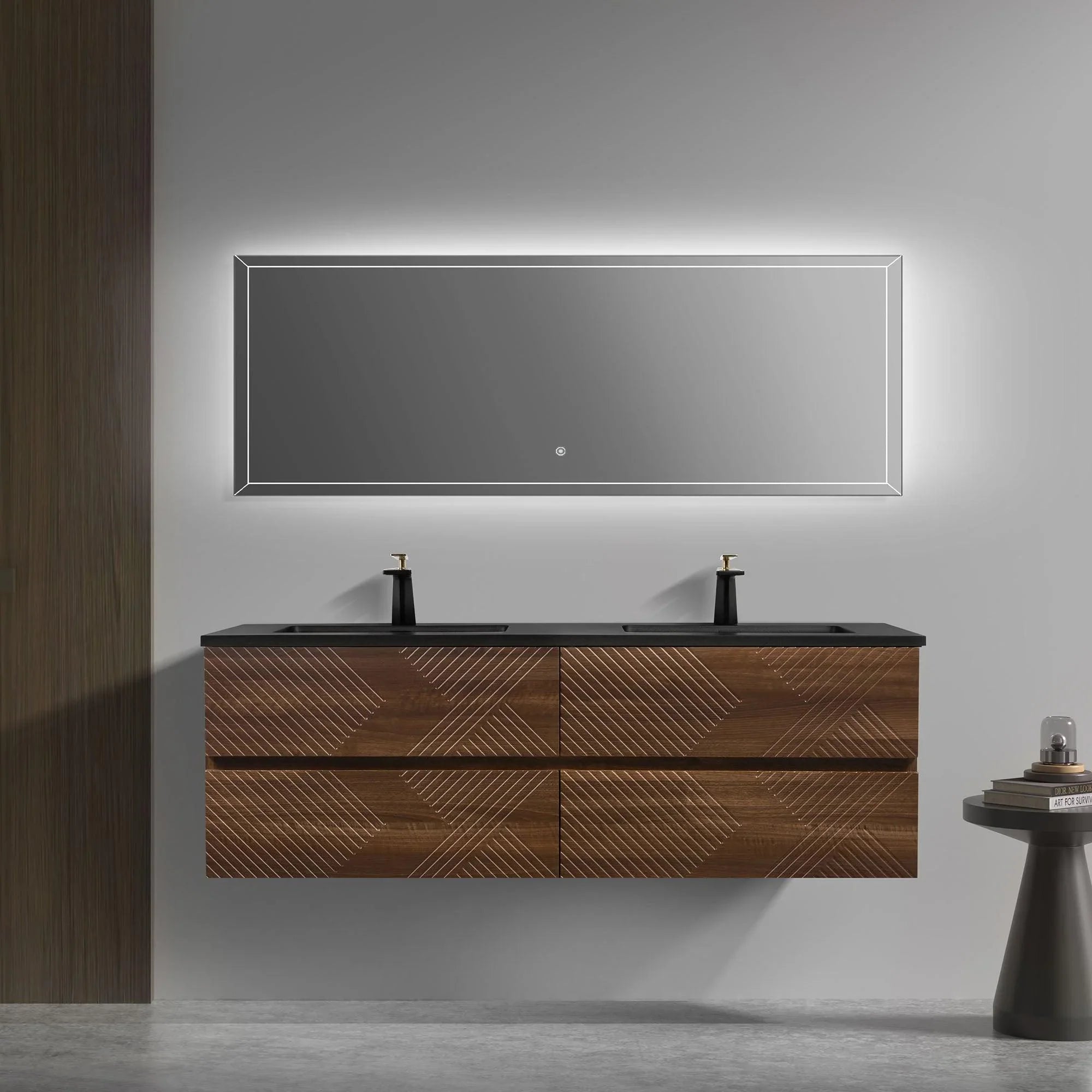 60" Walnut Wall Mount Double Sink Bathroom Vanity with Black Engineered Quartz Countertop