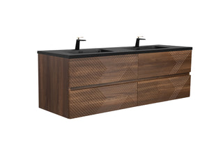 60" Walnut Wall Mount Double Sink Bathroom Vanity with Black Engineered Quartz Countertop