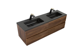 60" Walnut Wall Mount Double Sink Bathroom Vanity with Black Engineered Quartz Countertop