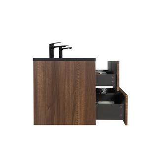 60" Walnut Wall Mount Double Sink Bathroom Vanity with Black Engineered Quartz Countertop