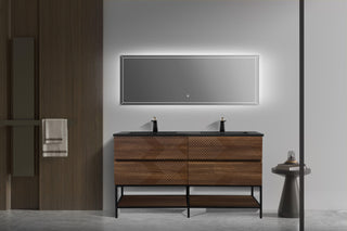 60" Walnut Wall Mount Double Sink Bathroom Vanity with Black Engineered Quartz Countertop