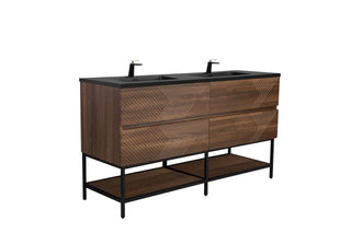 60" Walnut Wall Mount Double Sink Bathroom Vanity with Black Engineered Quartz Countertop