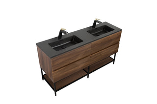 60" Walnut Wall Mount Double Sink Bathroom Vanity with Black Engineered Quartz Countertop