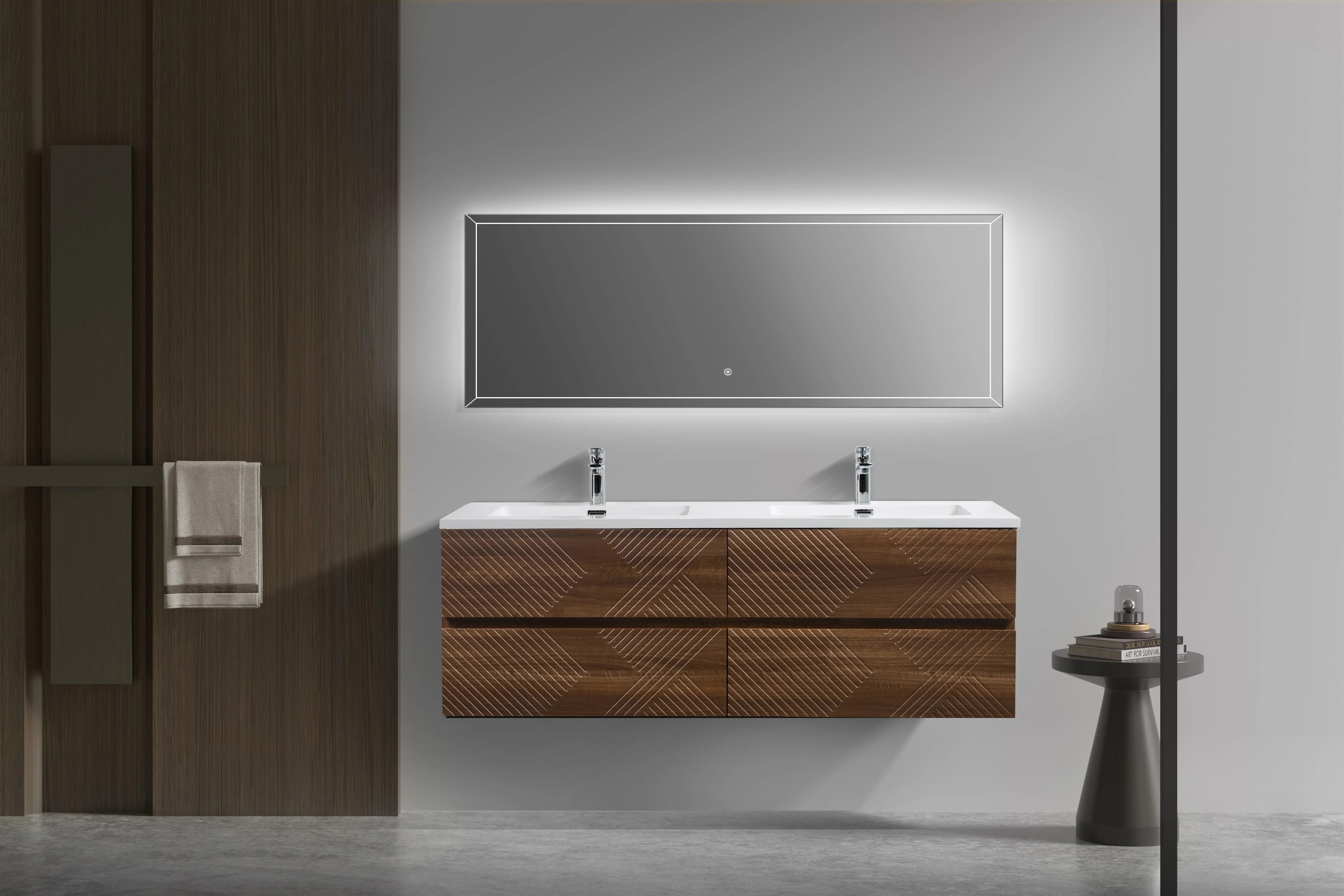 Meuble-Lavabo Mural 60po Noyer avec Comptoir de Polymarbre Blanc