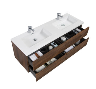 60" Walnut Wall Mount Double Sink Bathroom Vanity with White Polymarble Countertop