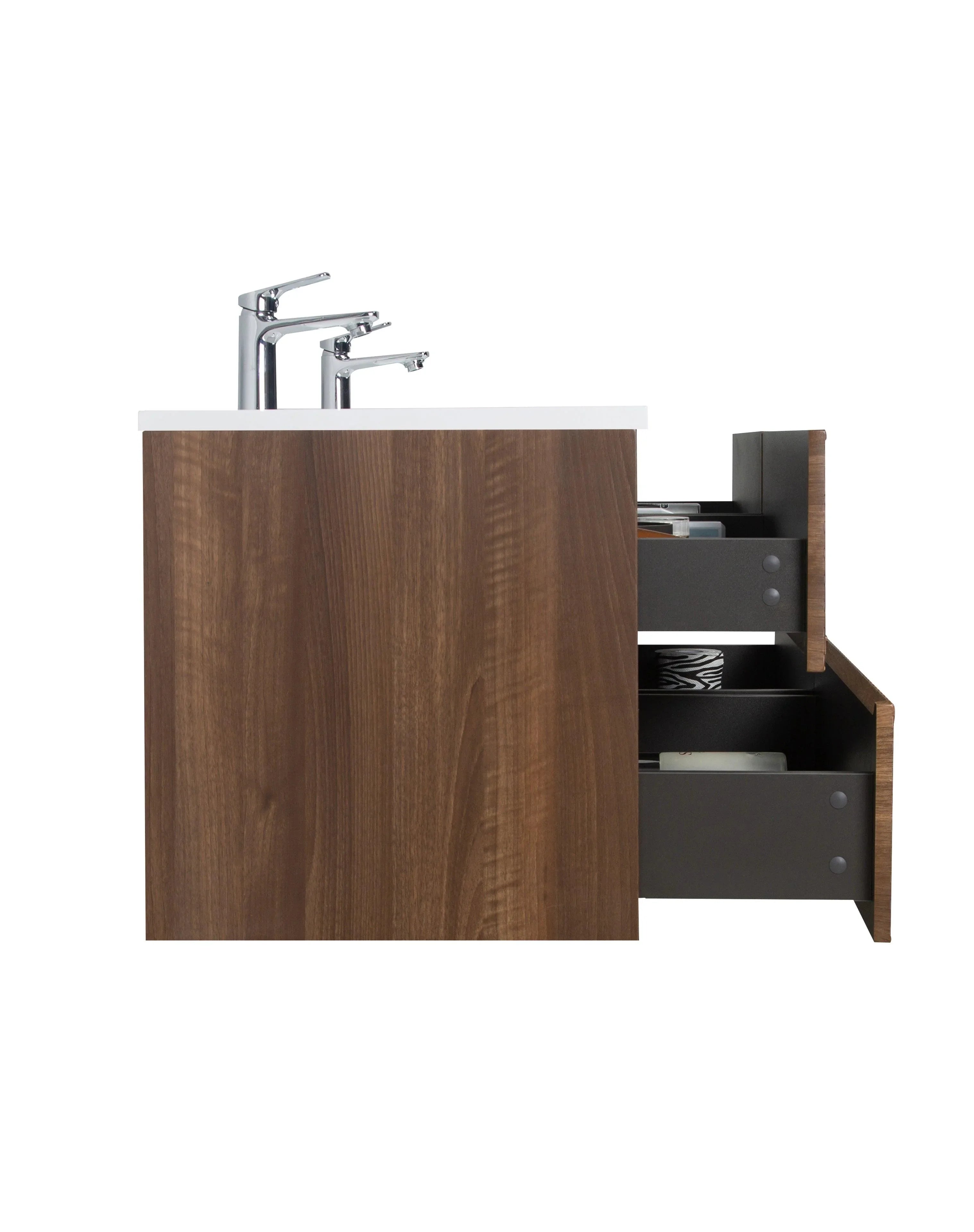 Meuble-Lavabo Mural 60po Noyer avec Comptoir de Polymarbre Blanc