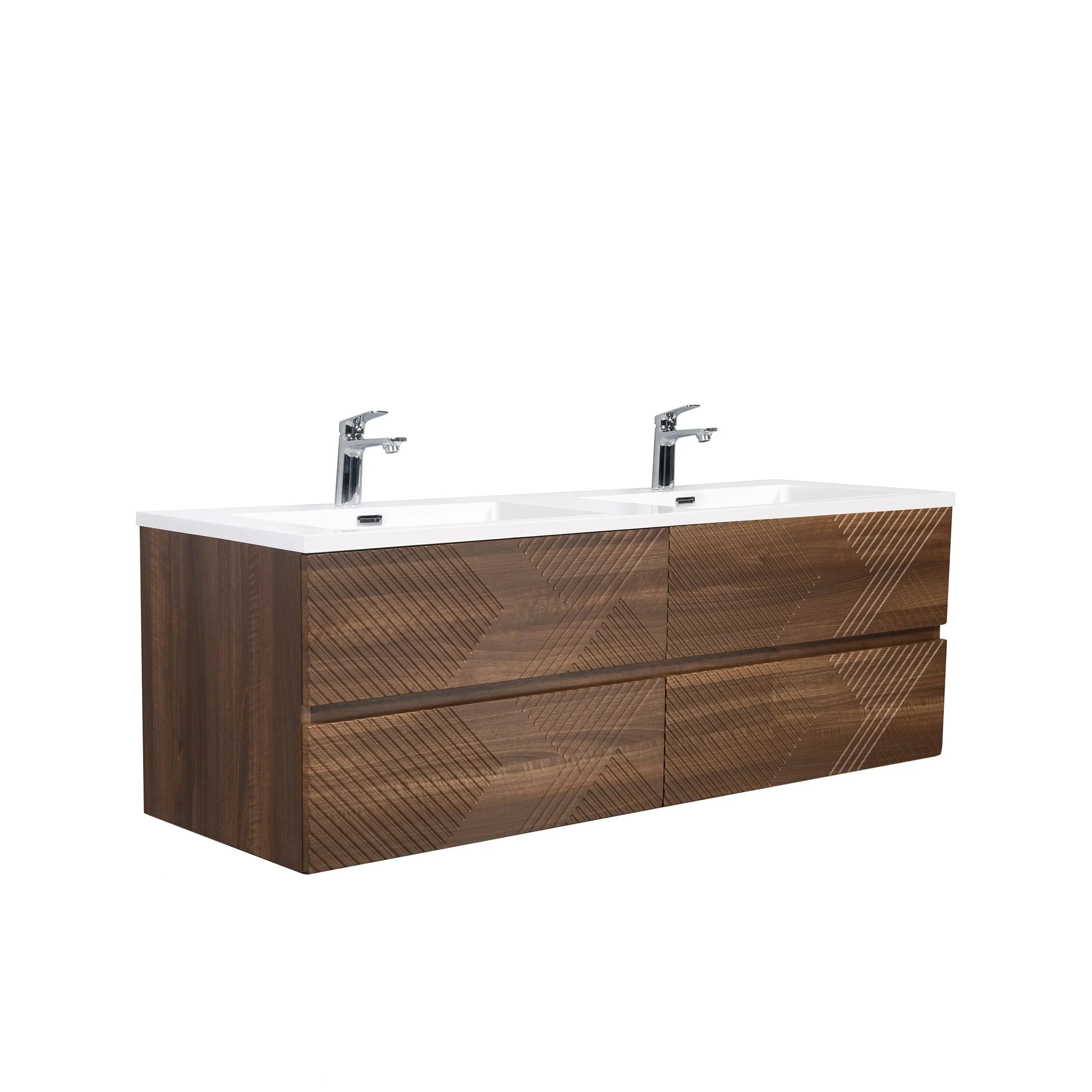 Meuble-Lavabo Mural 60po Noyer avec Comptoir de Polymarbre Blanc