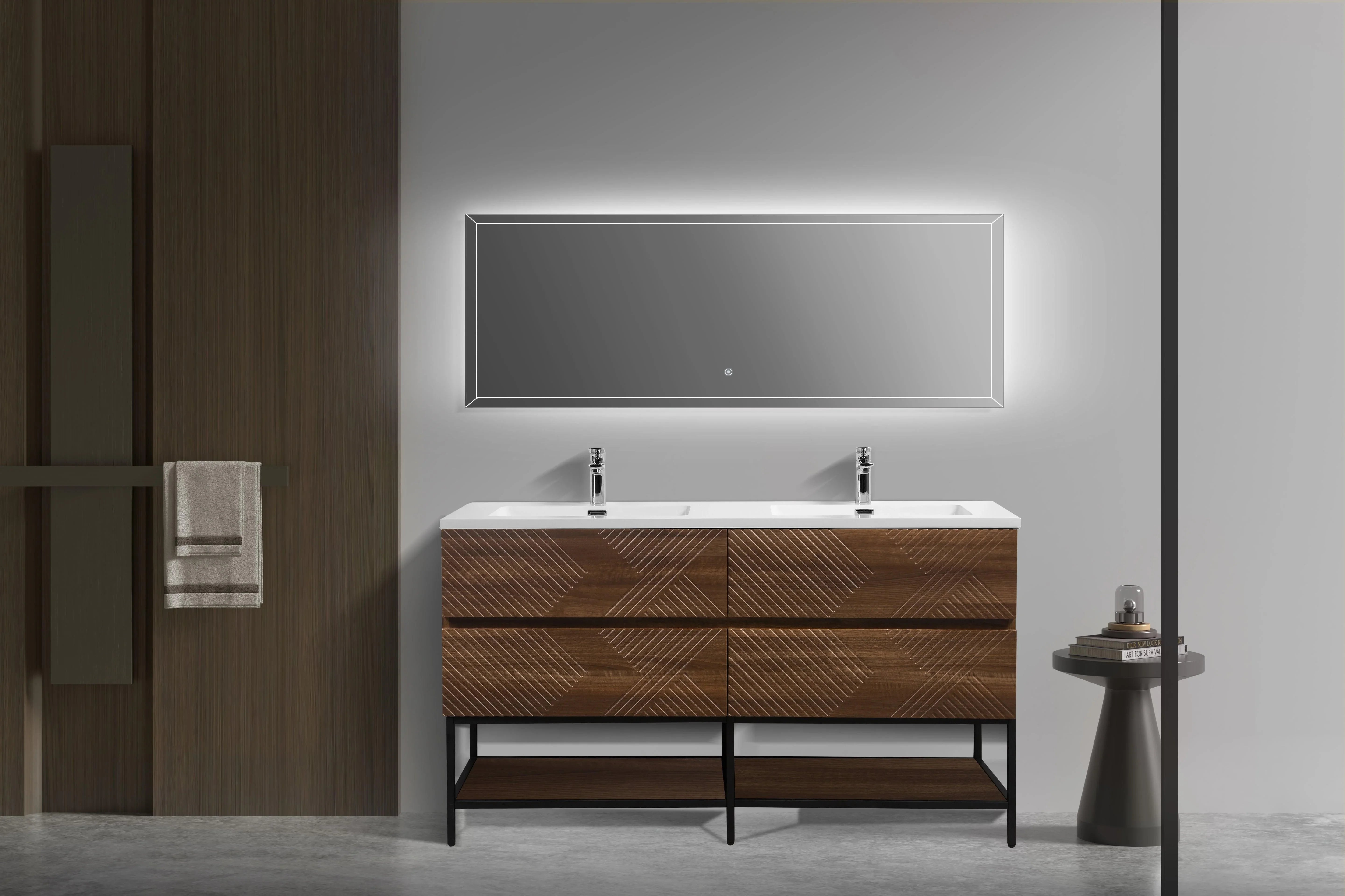 Meuble-Lavabo Mural 60po Noyer avec Comptoir de Polymarbre Blanc