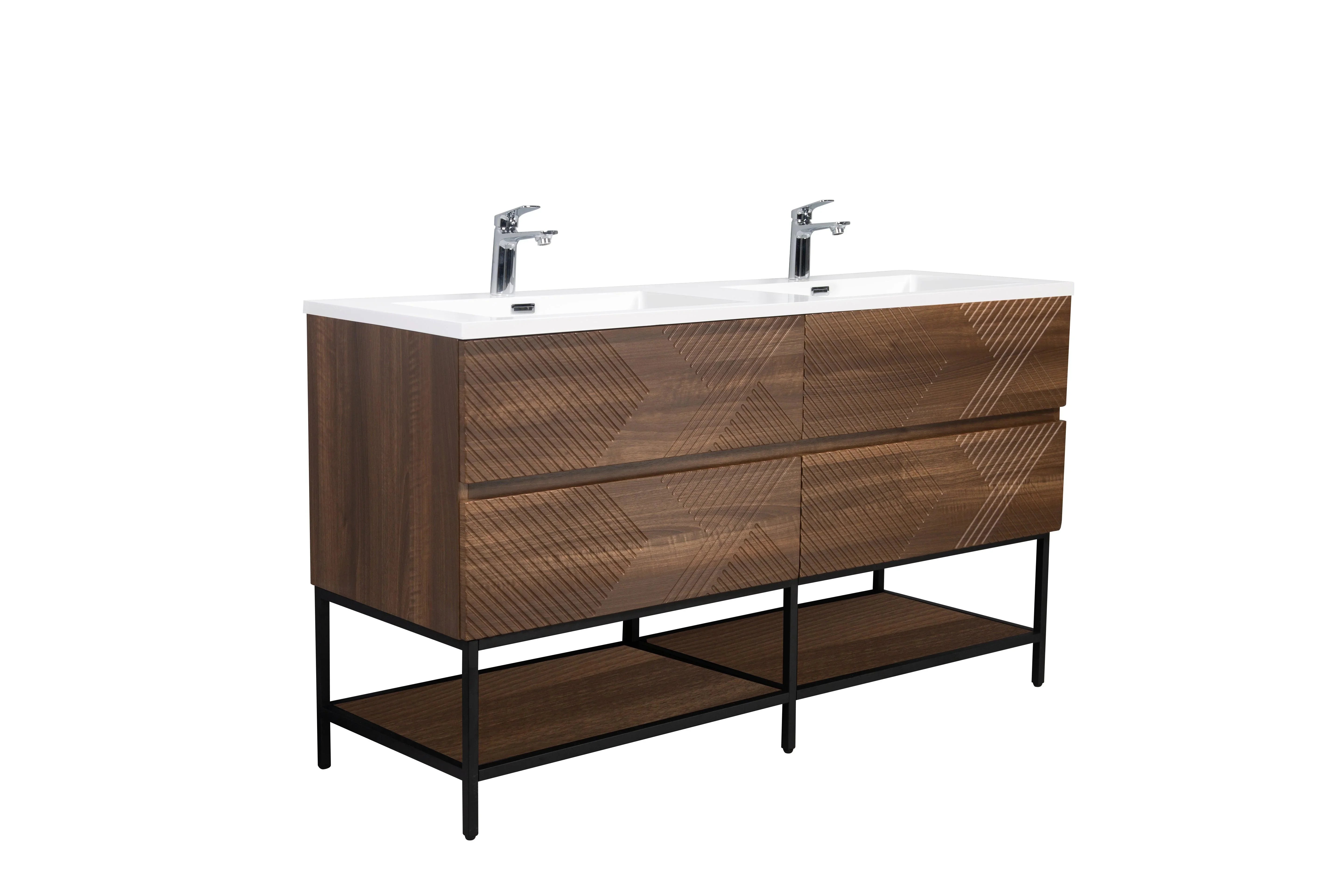 Meuble-Lavabo Mural 60po Noyer avec Comptoir de Polymarbre Blanc