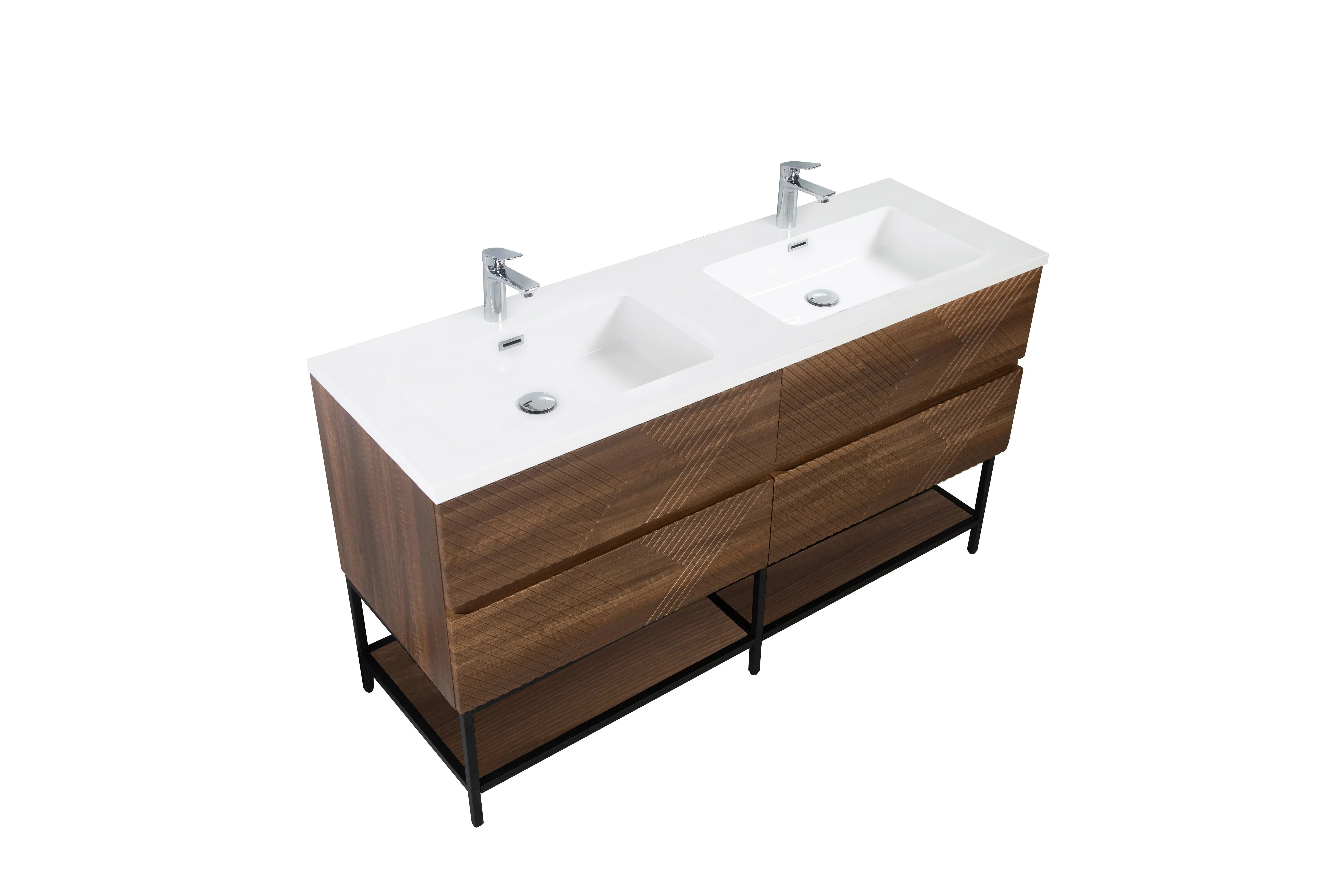 Meuble-Lavabo Mural 60po Noyer avec Comptoir de Polymarbre Blanc