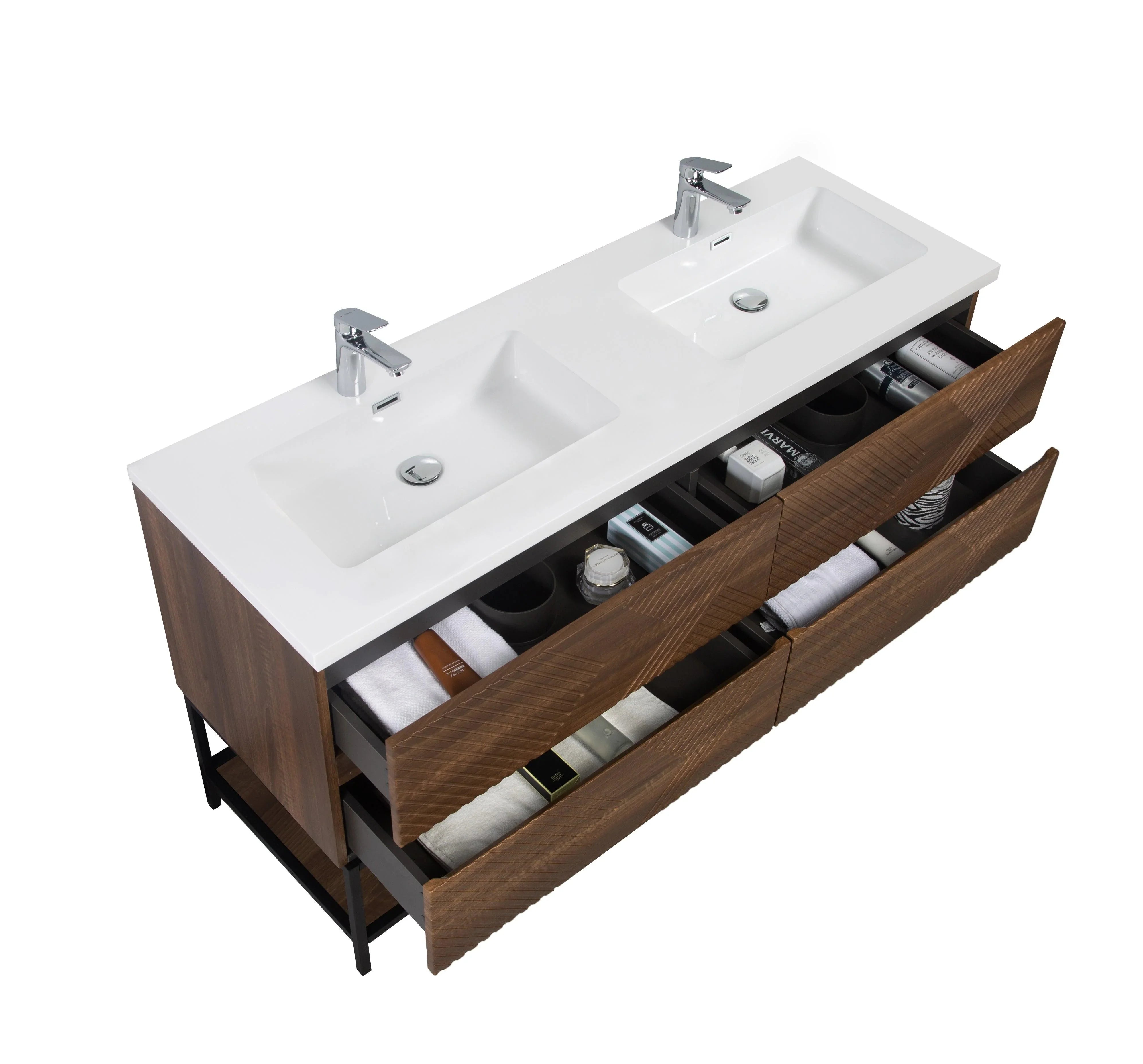 Meuble-Lavabo Mural 60po Noyer avec Comptoir de Polymarbre Blanc