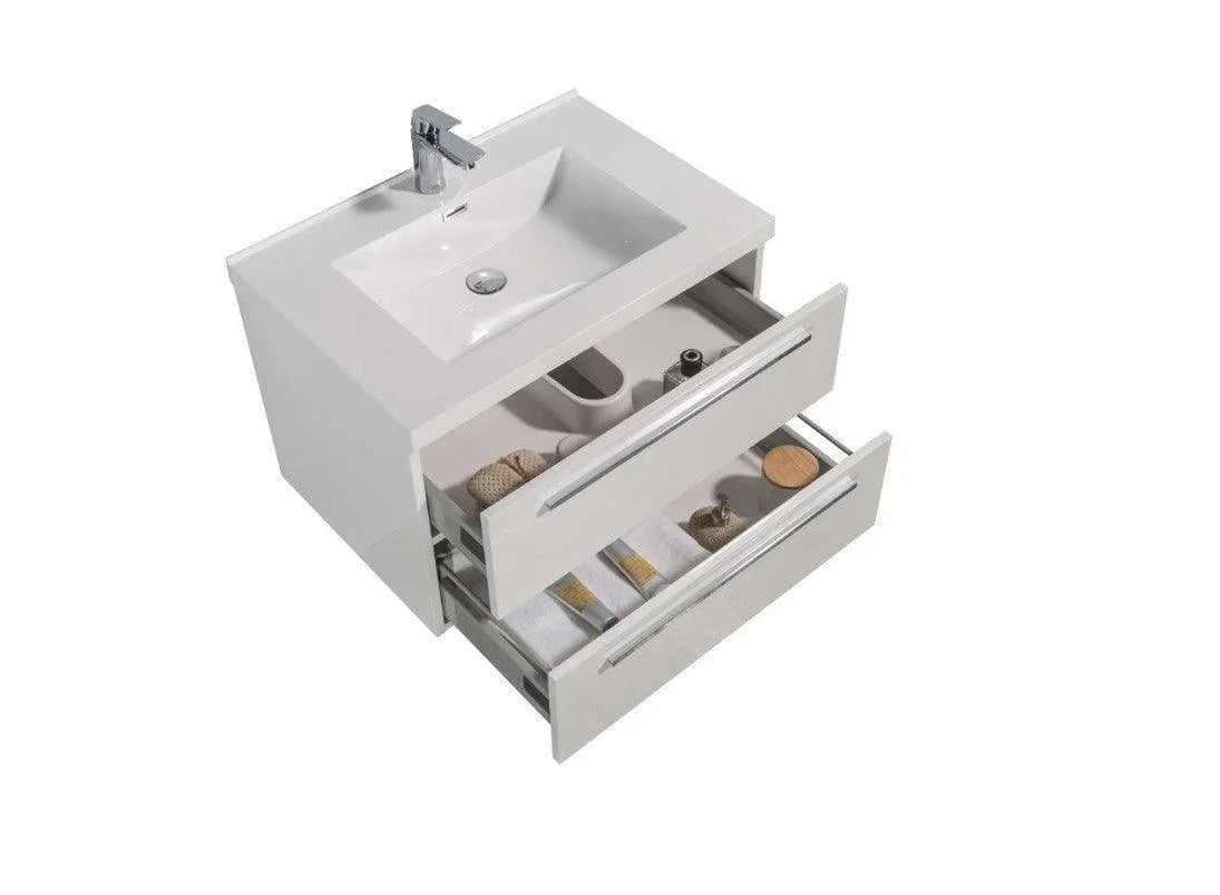 30" White Wall Mount Bathroom Vanity with White Polymarble Countertop Sofia - Golden Elite Deco