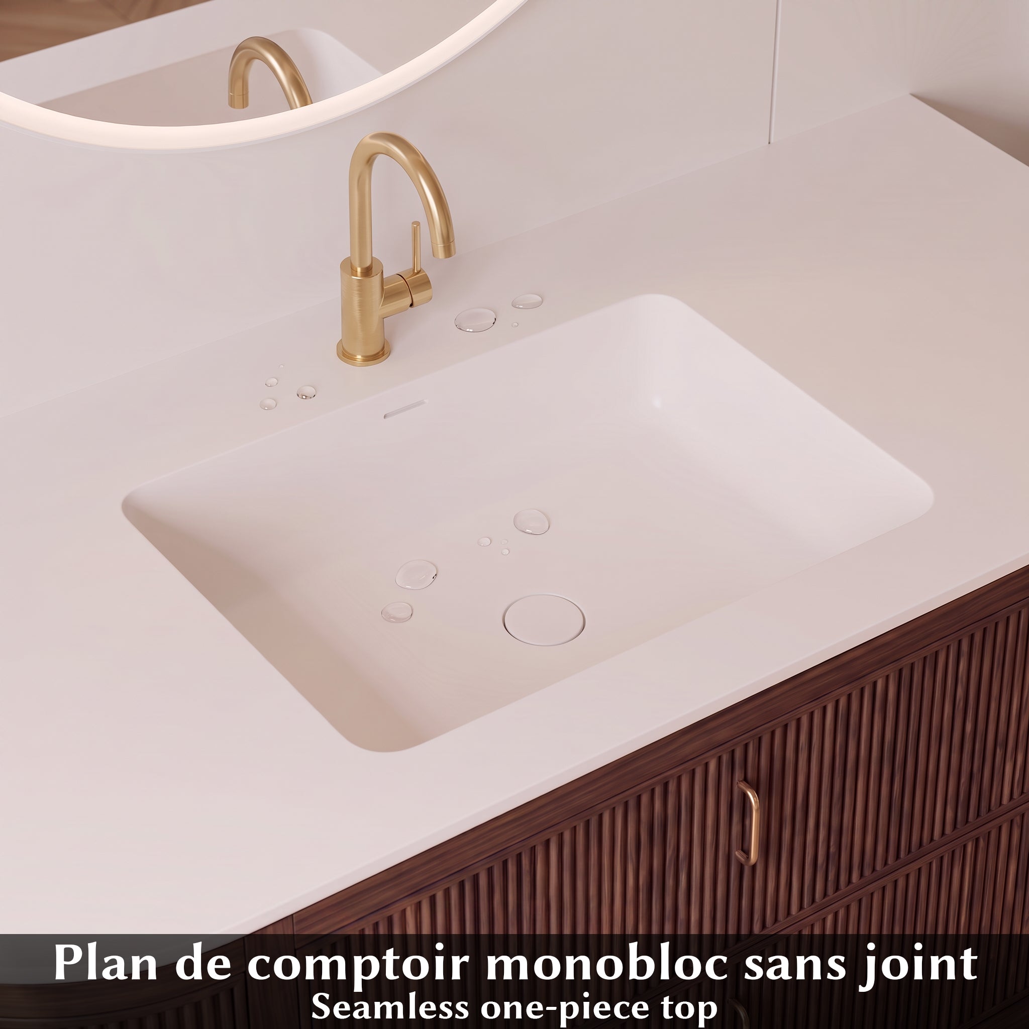 60" Walnut Curved Fluted Bathroom Vanity - Matte White Countertop