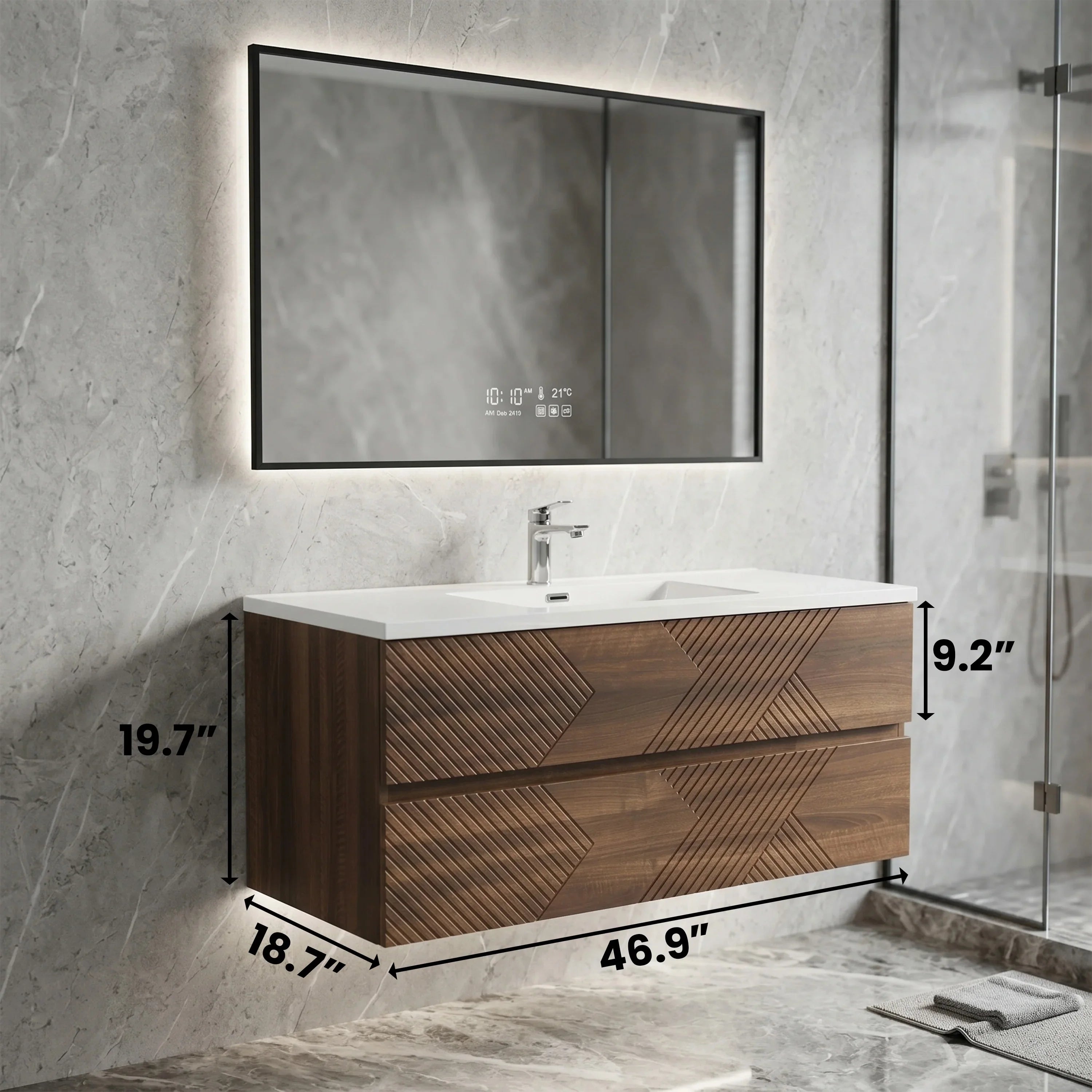 48" Walnut Wall Mount Single Sink Bathroom Vanity with White Polymarble Countertop