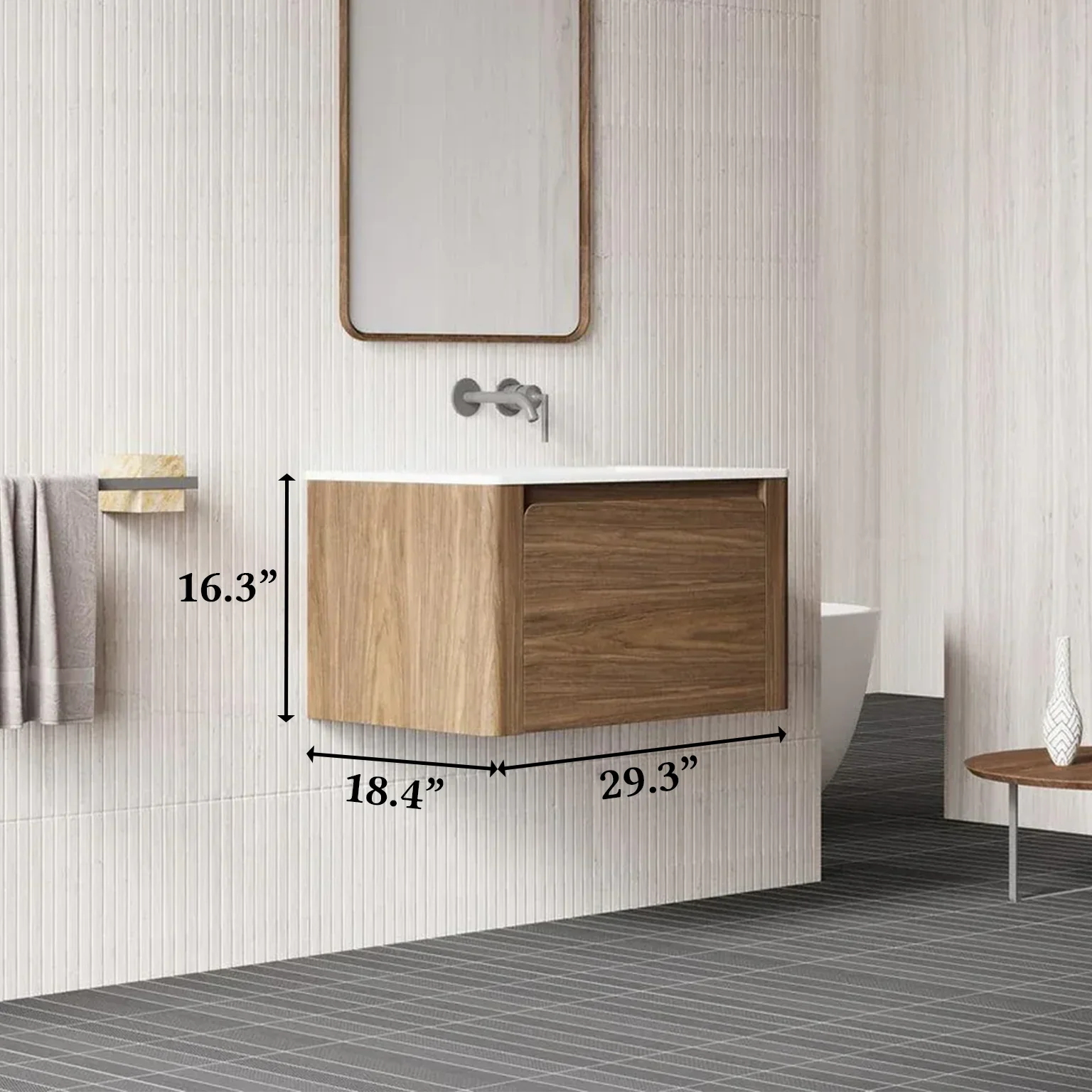 30" Walnut Wall Mount Bathroom Vanity with Matte White Solid Surface Countertop