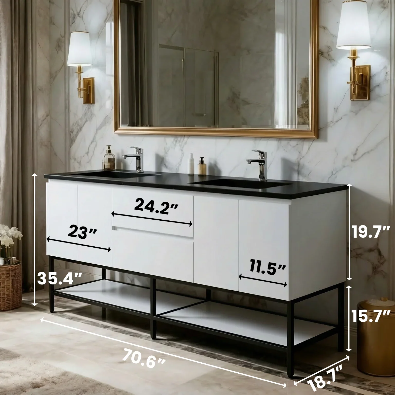 72" White Wall Mount Double Sink Bathroom Vanity with Black Engineered Quartz Countertop