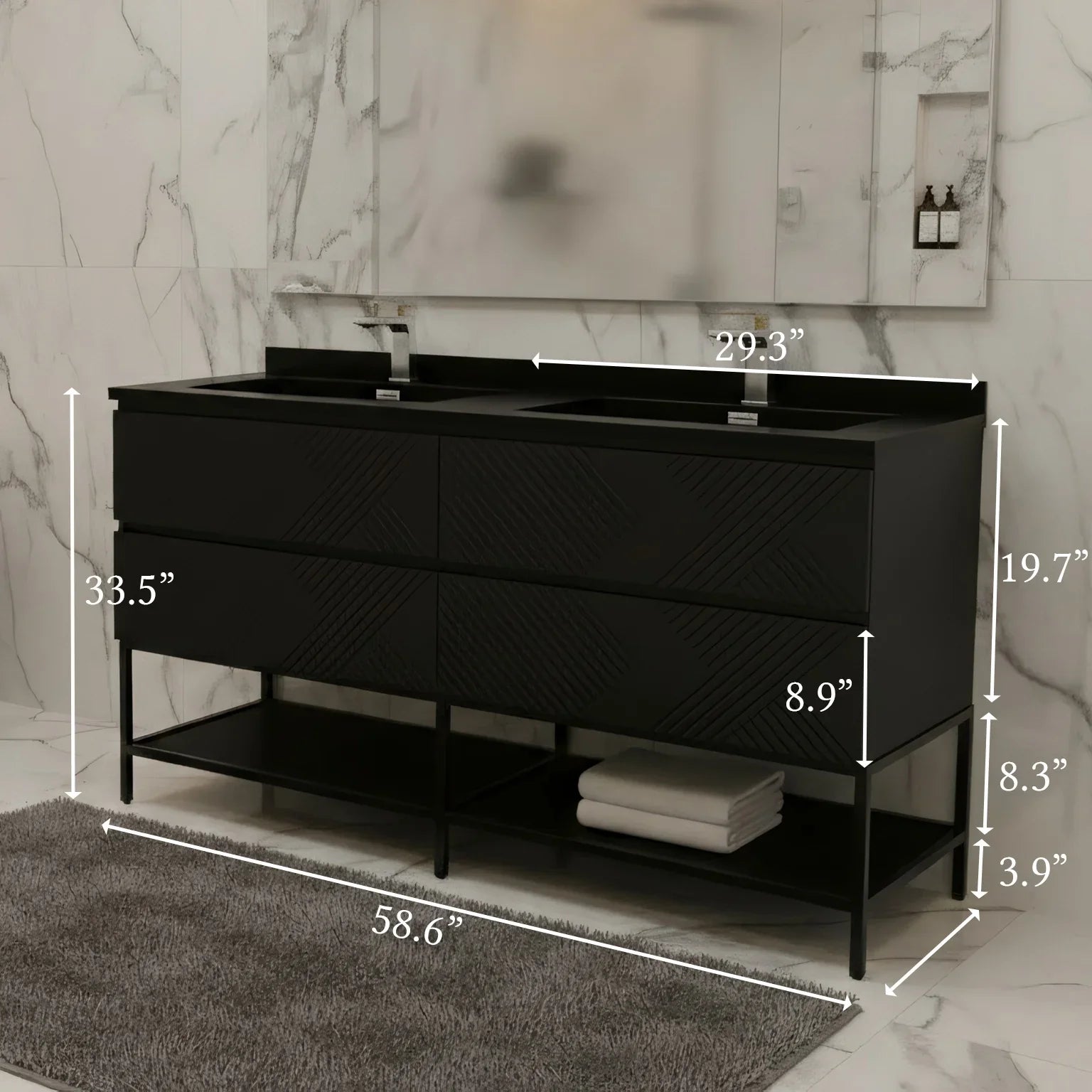Meuble-lavabo mural noir 60" avec Comptoir en quartz technique noir