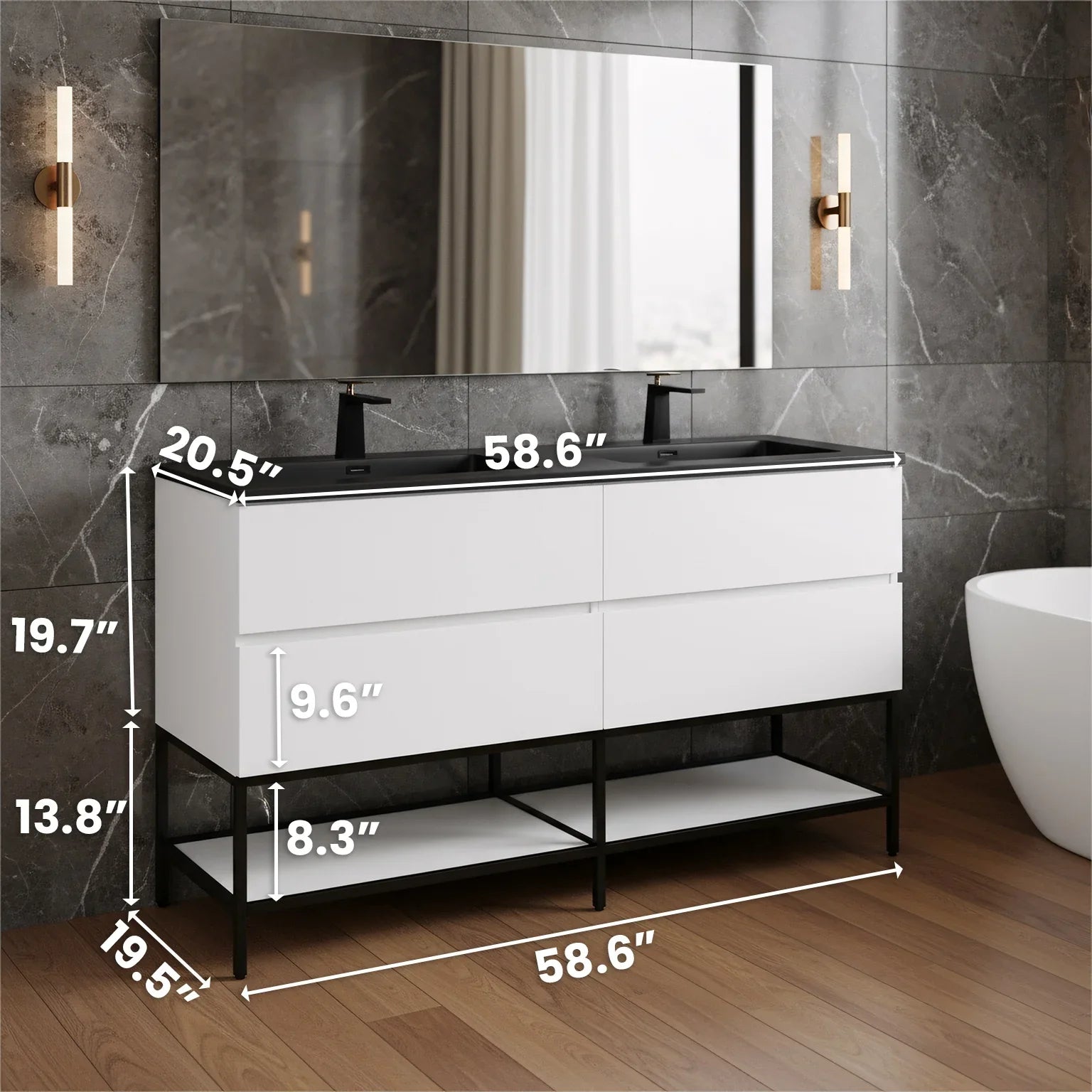 60" White Wall Mount Double Sink Bathroom Vanity with Black Engineered Quartz Countertop