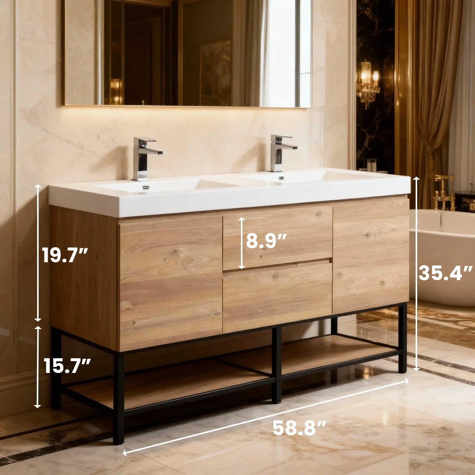 60" Rough Oak Wall Mount Double Sink Bathroom Vanity with White Polymarble Countertop