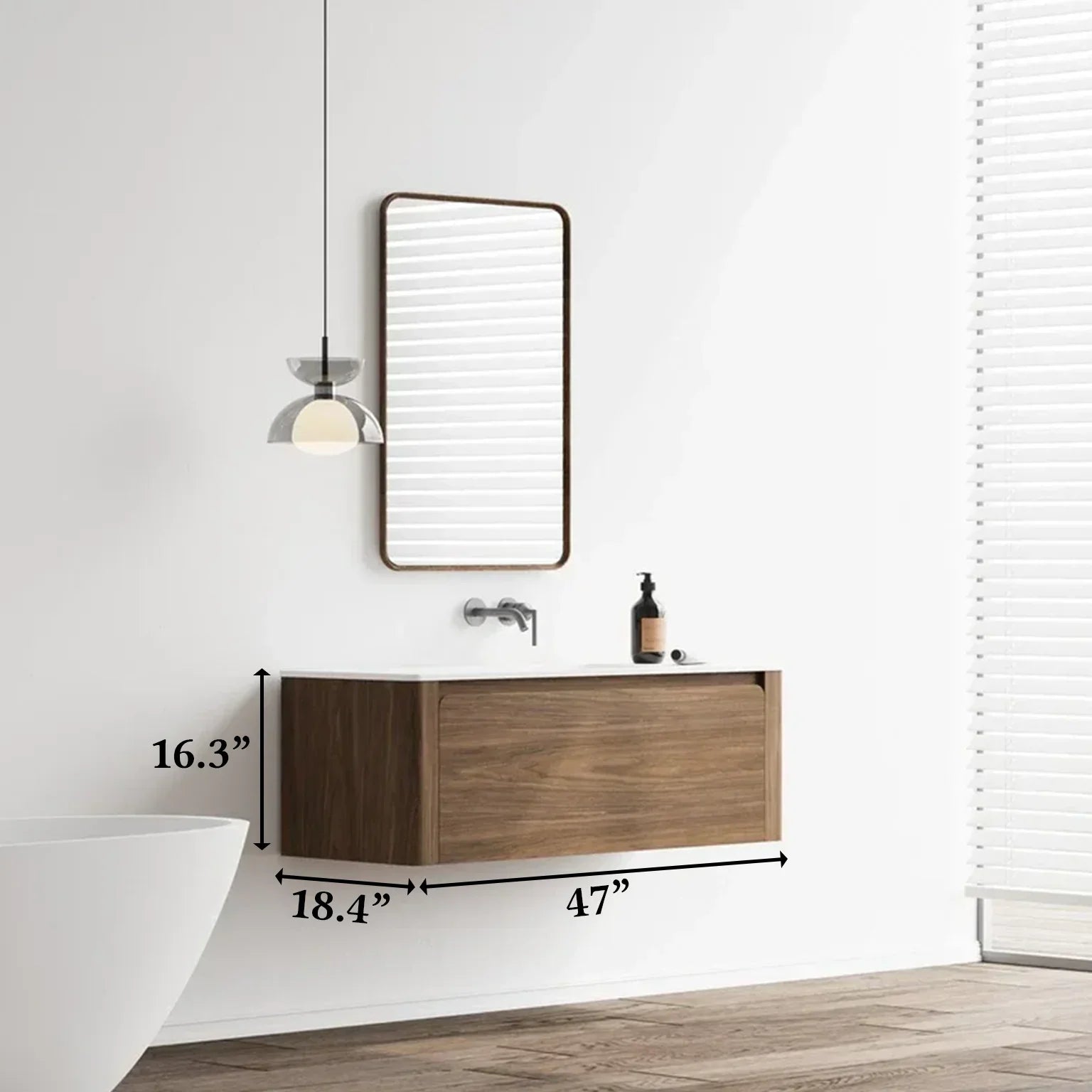 48" Walnut Wall Mount Single Sink Bathroom Vanity with Matte White Solid Surface Countertop