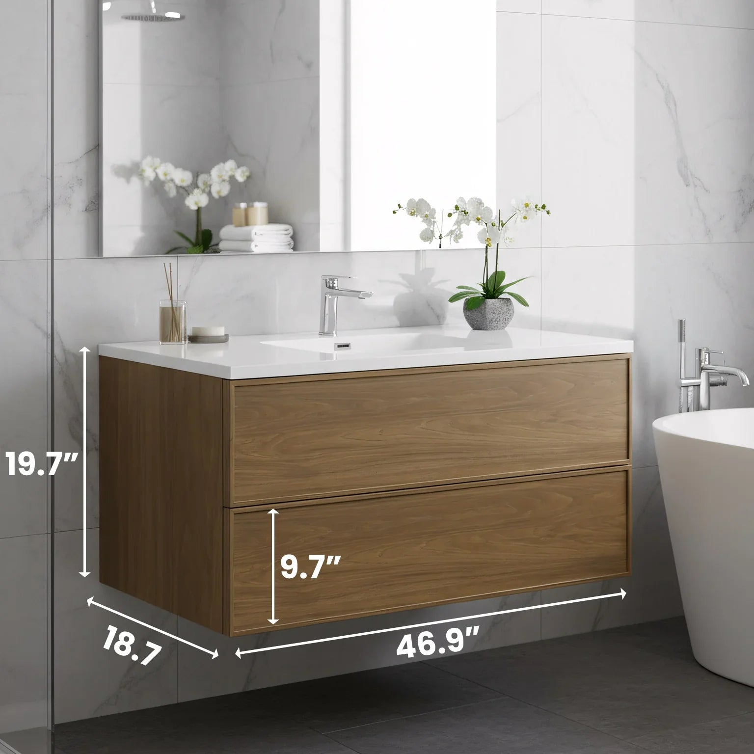 48" Honey Gold Walnut Wall Mount Bathroom Vanity with White Polymarble Countertop