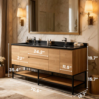 Meuble-Lavabo 72po Chêne Brut avec Comptoir de 72 Quartz Noir Lavabo Double