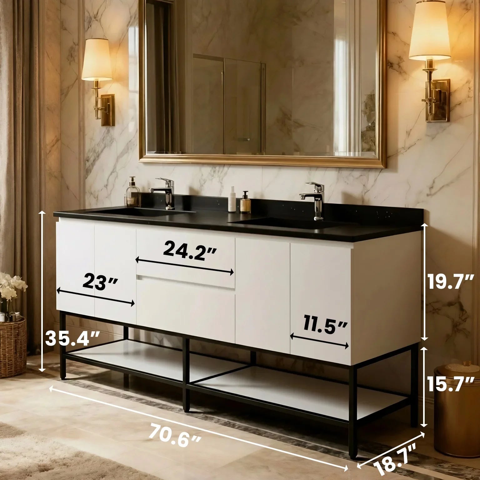 Meuble-Lavabo Mural 72po Blanc avec Comptoir de Quartz d'ingénierie Noir