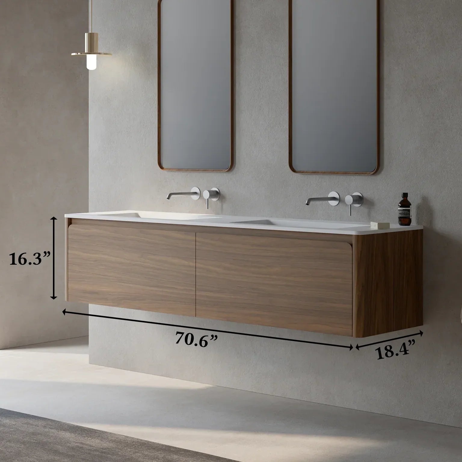 Meuble-Lavabo Mural 72po Noyer avec Comptoir de Surface solide Blanc Mat