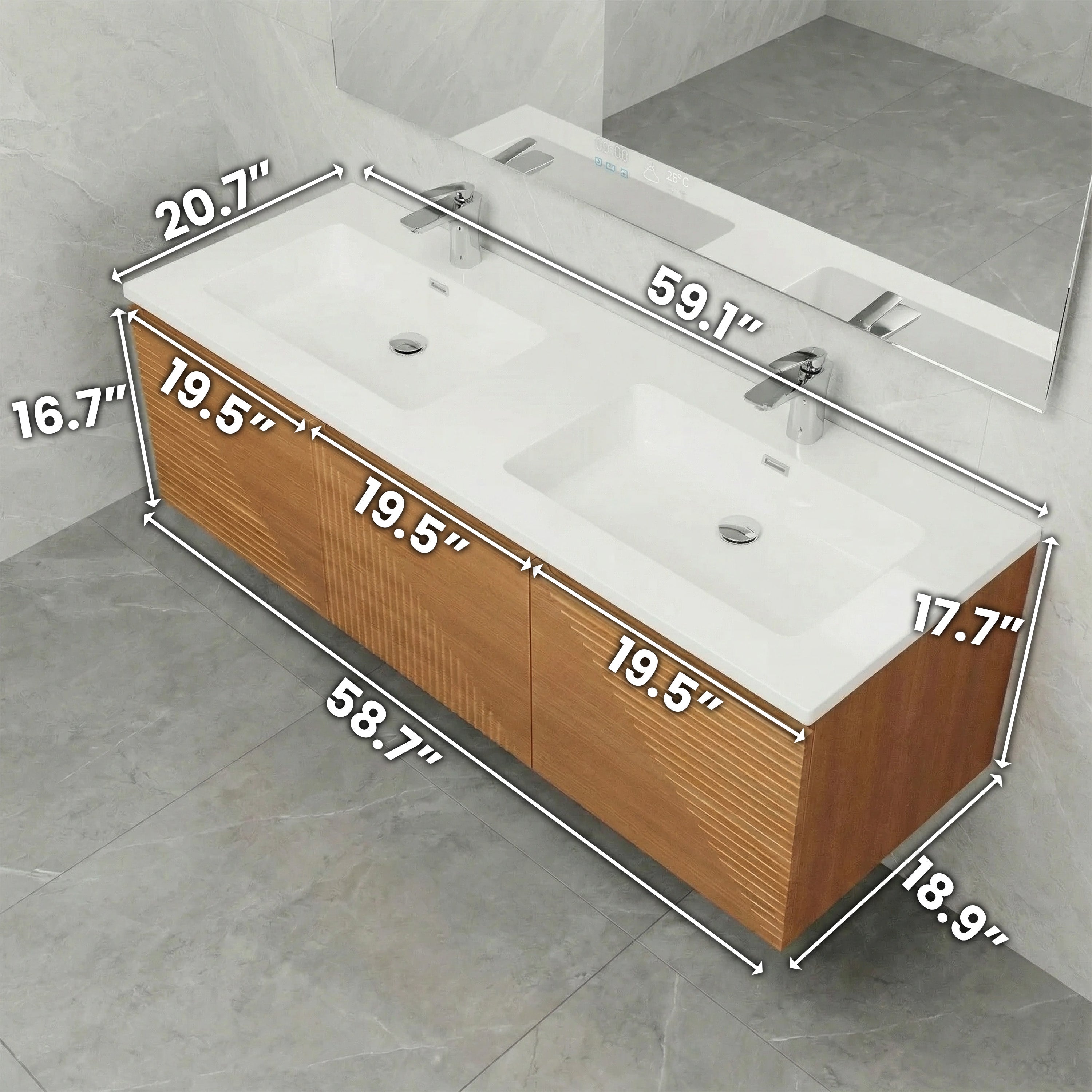 Meuble-Lavabo Mural 60 po en Chêne Clair avec Comptoir en Polymarbre Blanc