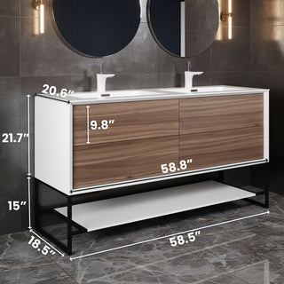 Meuble-lavabo double mural en noyer de 60" avec Comptoir en polymarbre blanc Fleur
