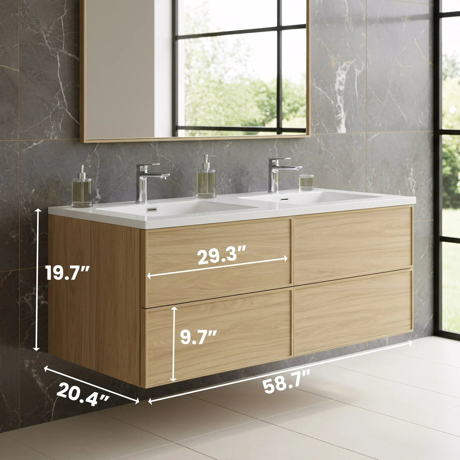 60" Sunset Walnut Wall Mount Double Sink Bathroom Vanity with White Polymarble Countertop