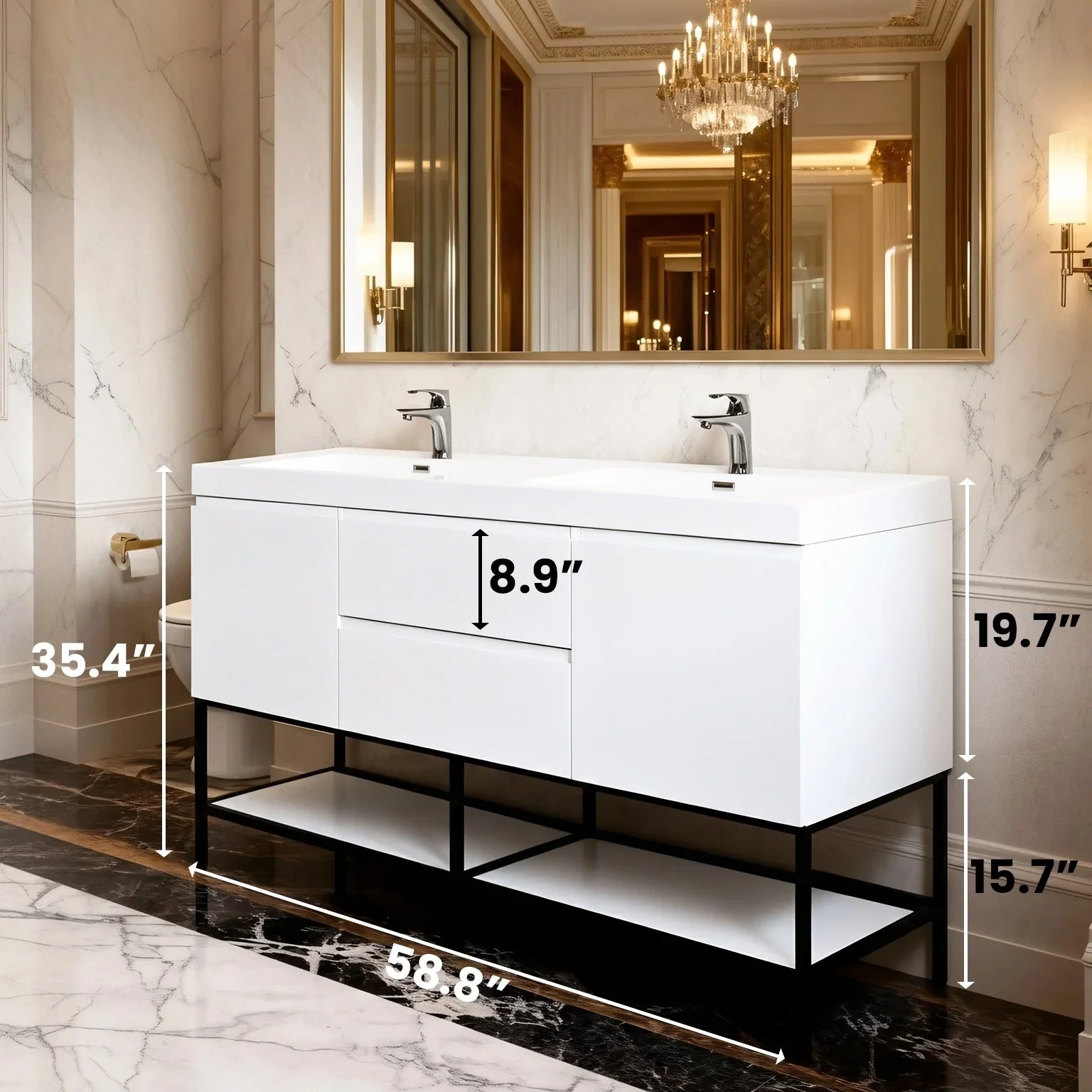 60" Glossy White Wall Mount Double Sink Bathroom Vanity with White Polymarble Countertop