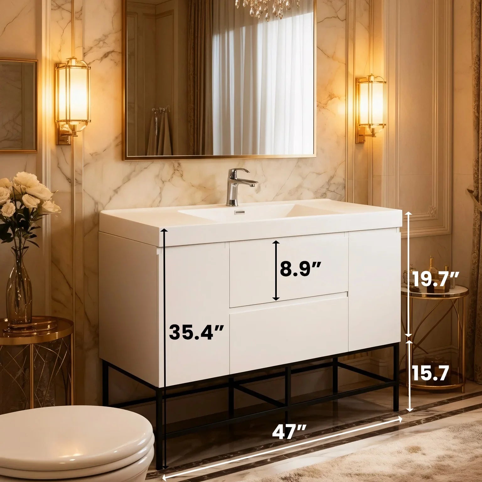 48" Glossy White Wall Mount Single Sink Bathroom Vanity with White Polymarble Countertop
