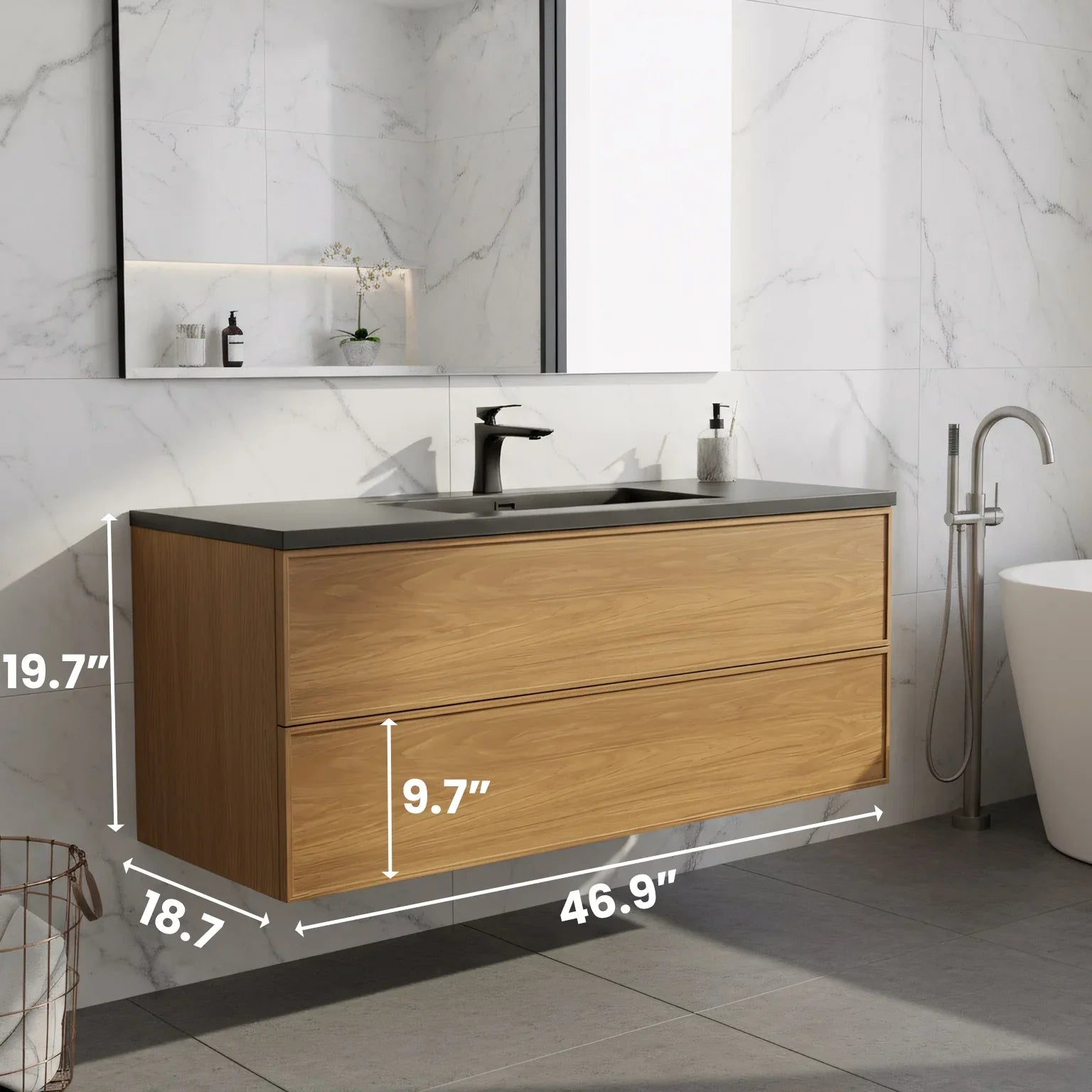 Meuble Lavabo Mural 48 Pouces Noyer Miel Doré avec Comptoir Quartz Noir Ingénierie