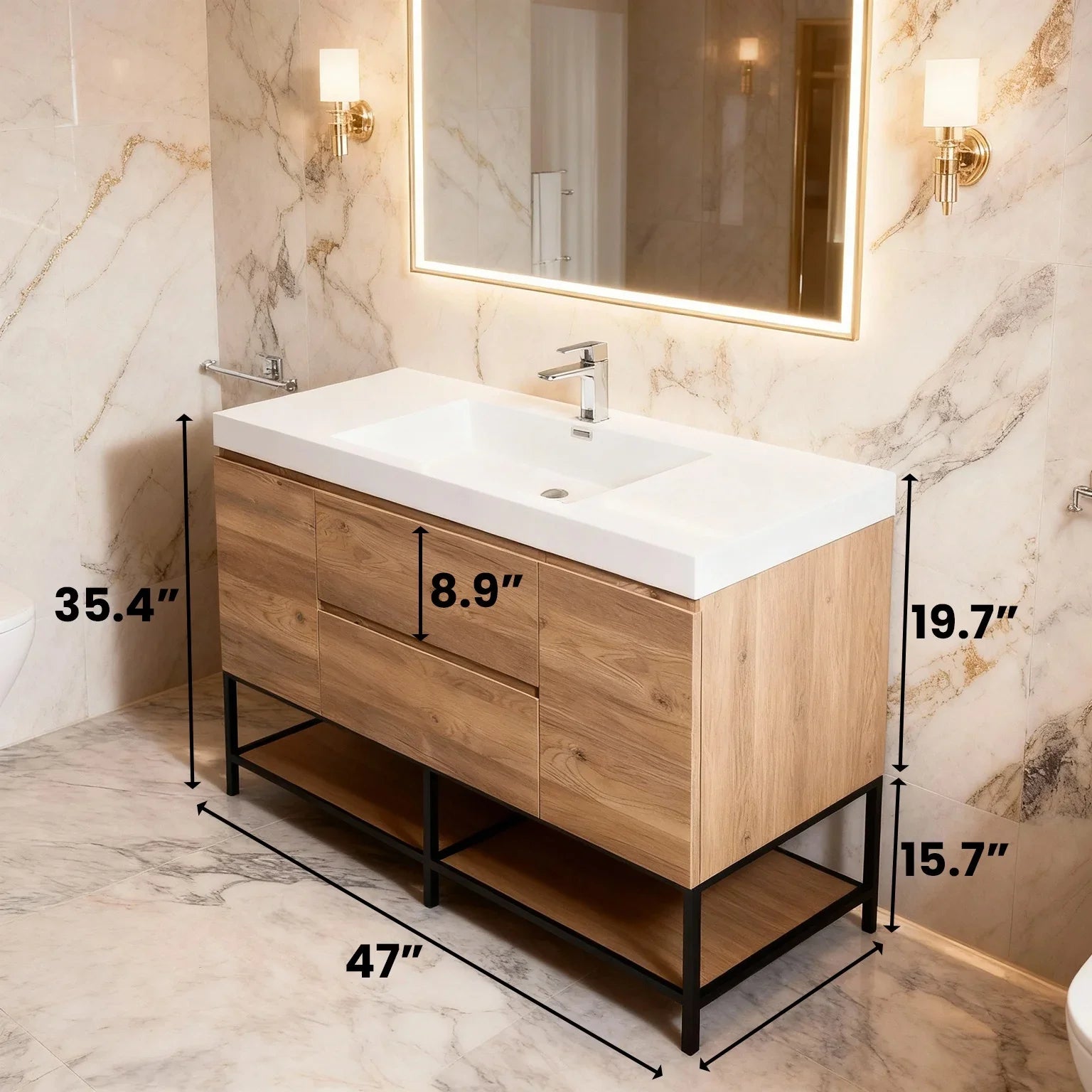 48" Rough Oak Wall Mount Single Sink Bathroom Vanity with White Polymarble Countertop