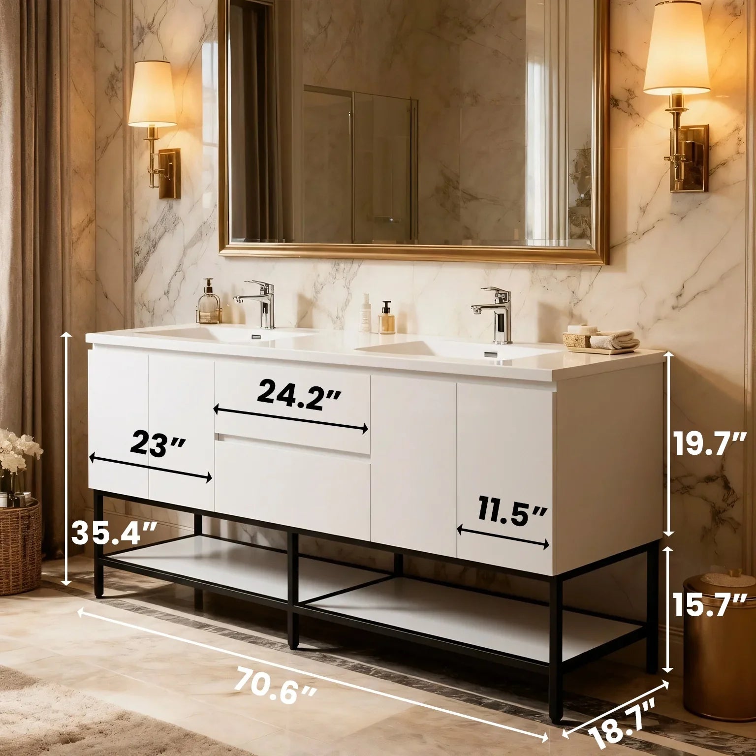 72" White Wall Mount Double Sink Bathroom Vanity with White Polymarble Countertop