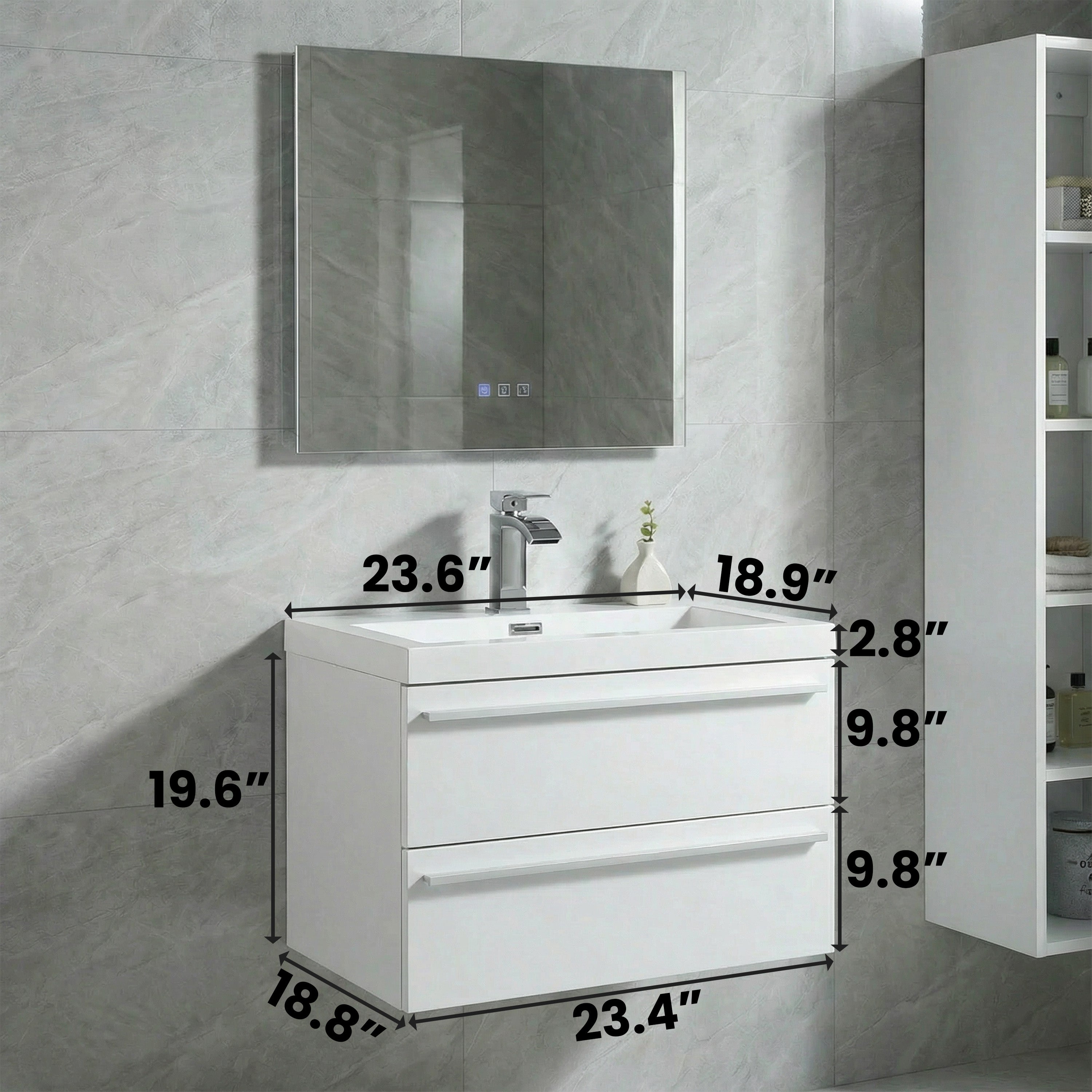 24" White Wall Mount Bathroom Vanity with White Polymarble Countertop
