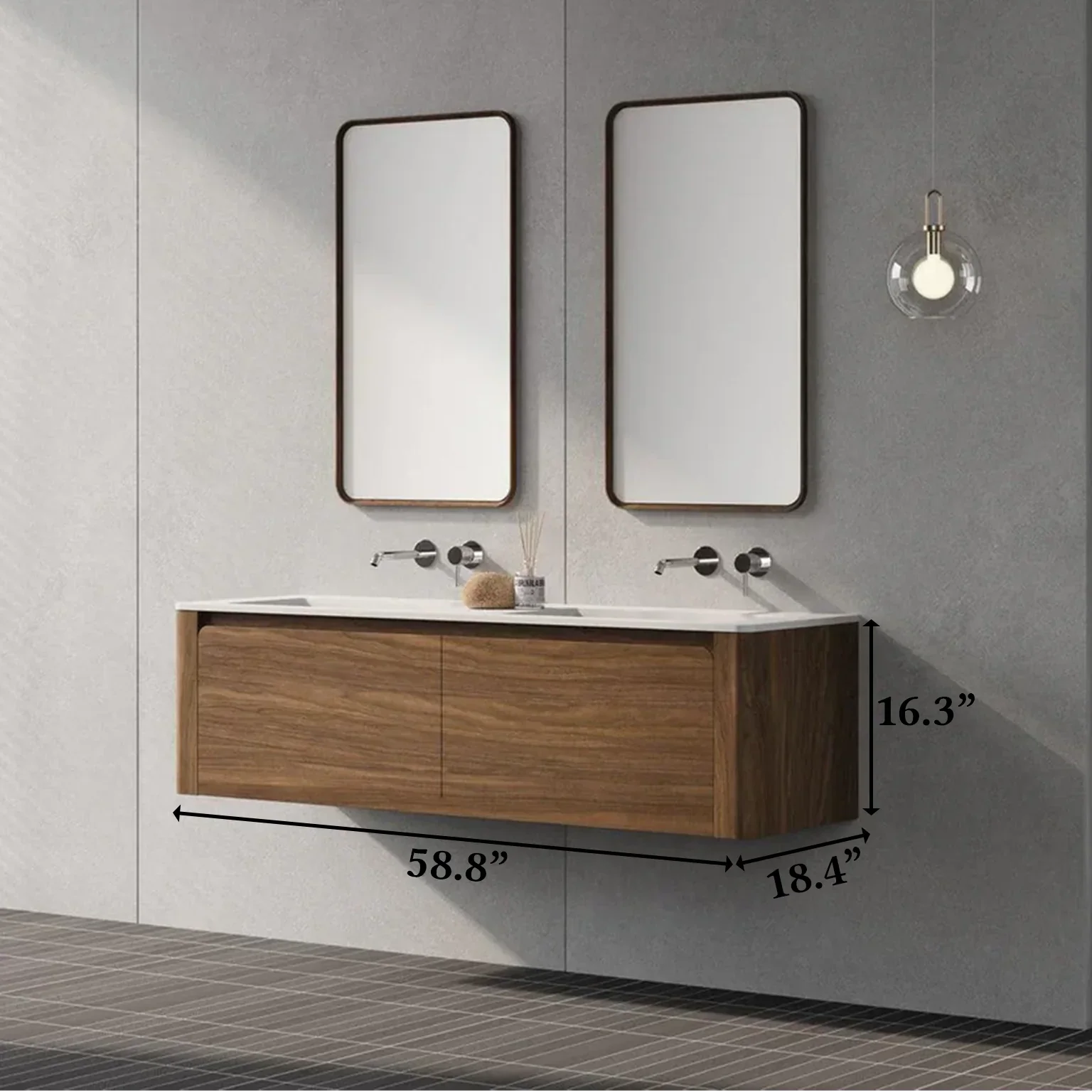 60" Walnut Wall Mount Double Sink Bathroom Vanity with Matte White Solid Surface Countertop